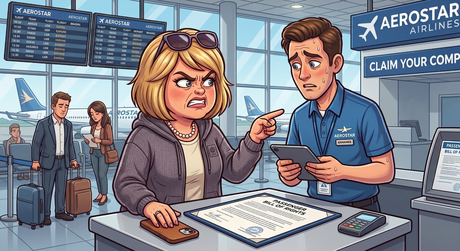 Karen at an airline check-in desk